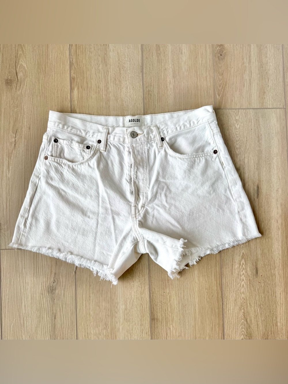 AGOLDE White Denim Shorts Sz 29 Raw Hem Button Fly High Rise EUC